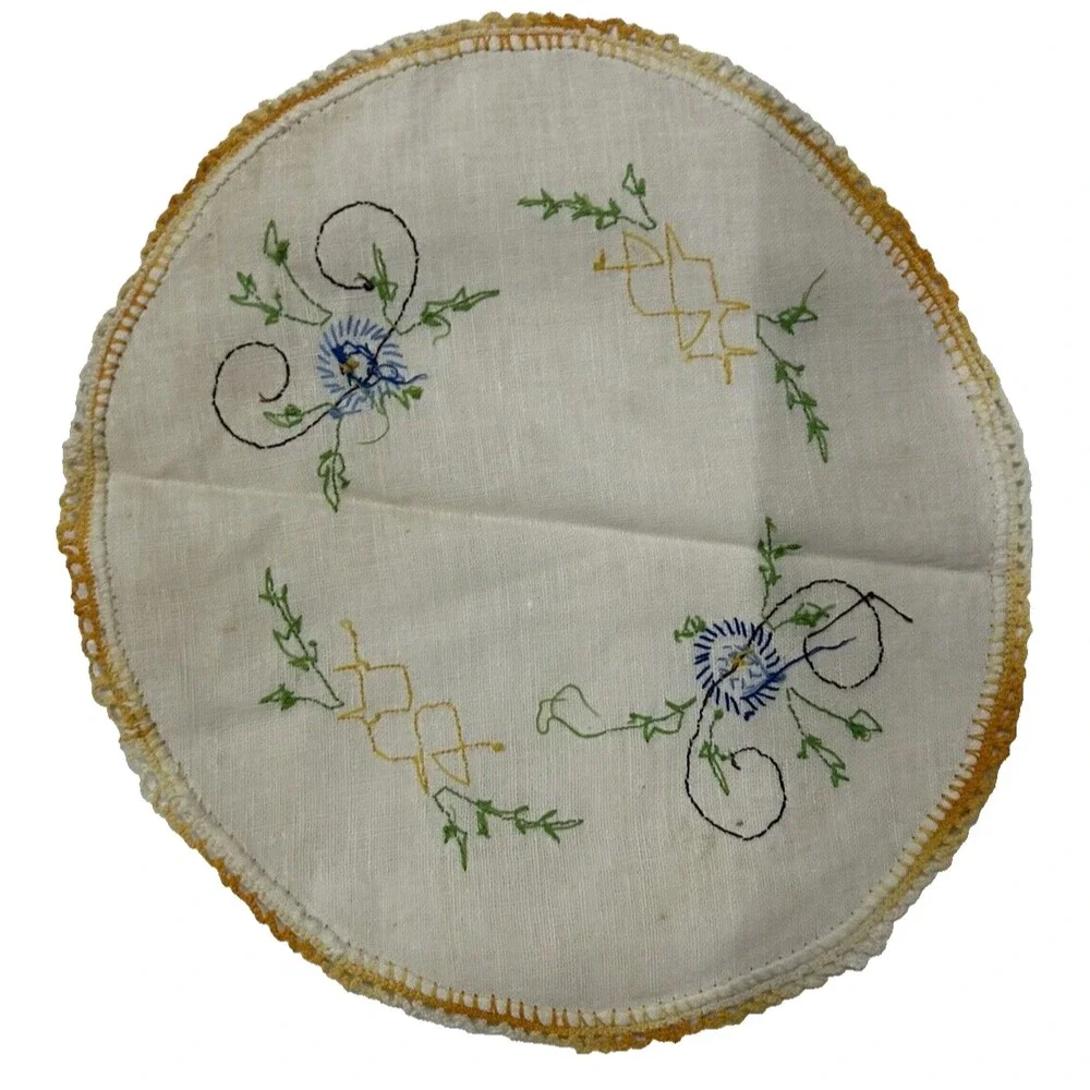 Vintage Embroidered Linen Cross Stitch Blue Flowers Laced Edge Cottagecore‎